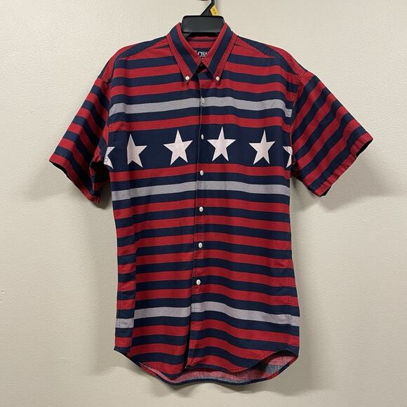 VTG Chaps Ralph Lauren Button Down Shirt Blue Red White Striped Stars Men Medium - Picture 1 of 7